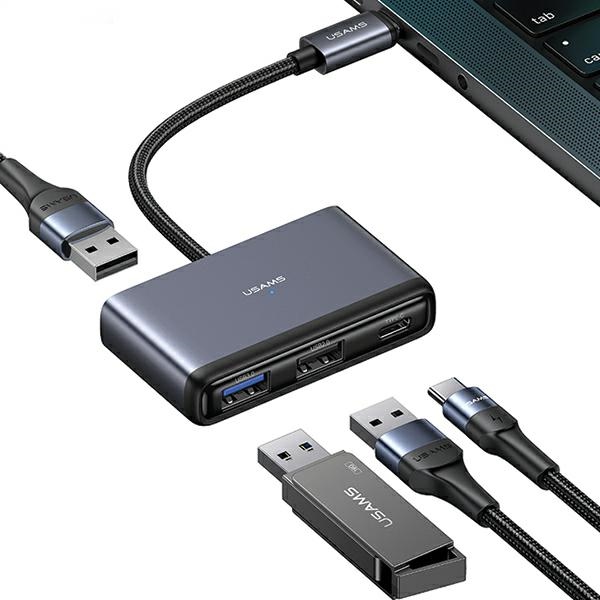 USAMS adapter HUB 4in1 2xUSB 2.0/USB 3.0/USB-C szürke/sötétszürke SJ627HUB01 (US-SJ627)